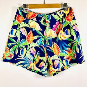 Vibrant chic tropical/floral blue yellow high waist button shorts beach/Hawaiian